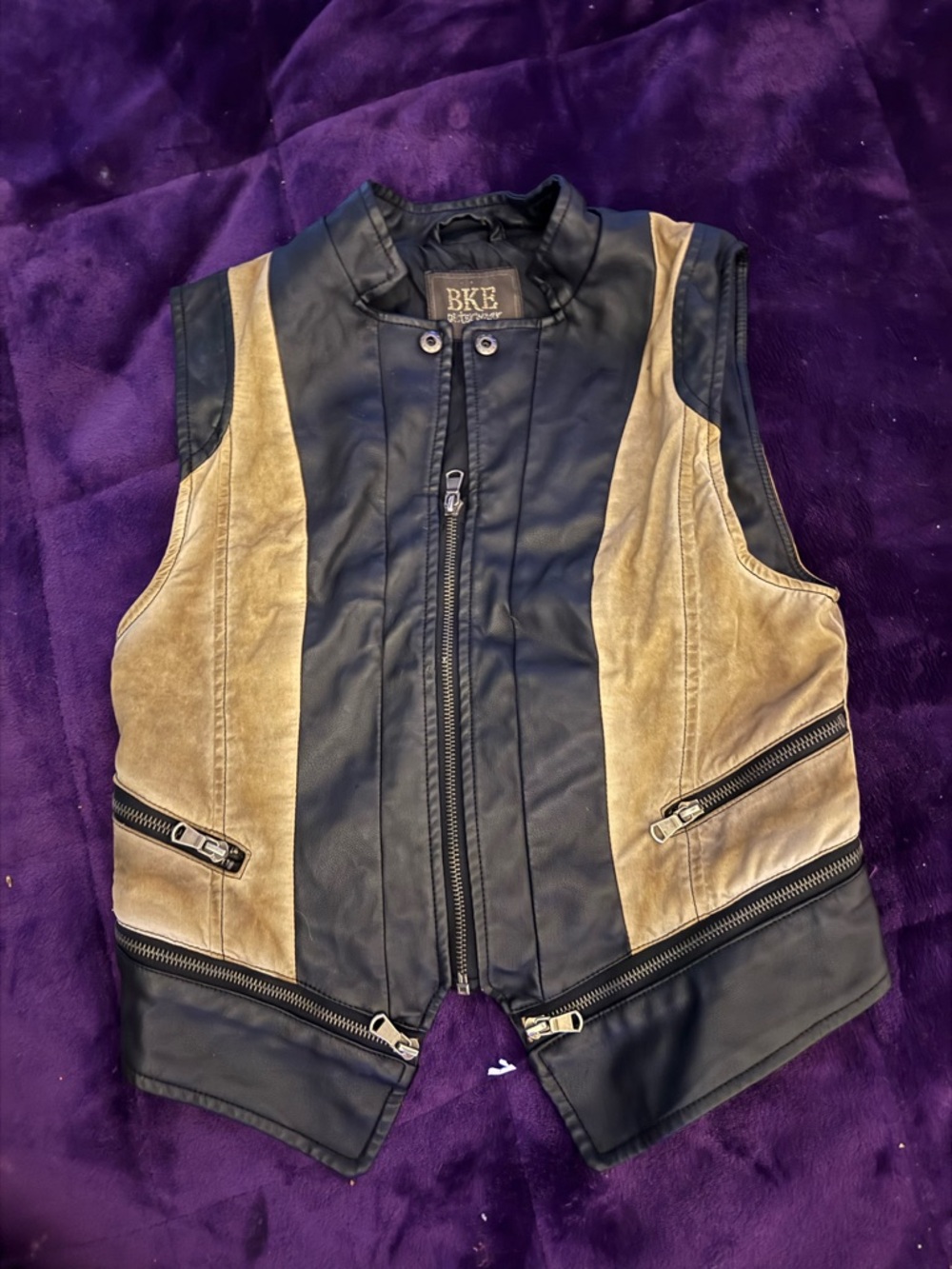 BKE Black & Tan Two-Tone Leather Moto Vest